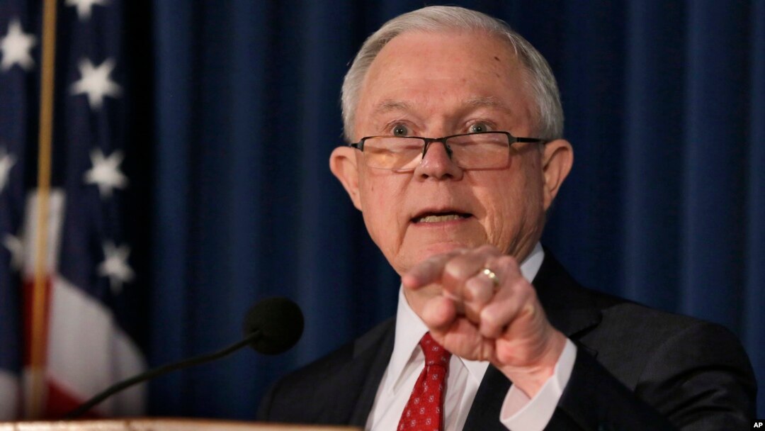 FILE -U.S. Attorney General Jeff Sessions delivers remarks about defending national security, at the U.S. attorney's office for the Southern District of New York, Nov. 2, 2017. On Nov. 16, Sessions touted recent arrests as an important step in the Trump administration's effort to stamp out the transnational MS-13 gang. 