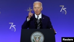 El presidente estadounidense Joe Biden habla en un evento de la OTAN para conmemorar el 75 aniversario de la alianza, en Washington, Estados Unidos, el 9 de julio de 2024.