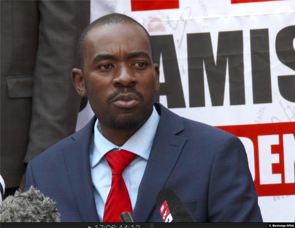 Nelson Chamisa, the leader of the Movement for Democratic Change Alliance, listens as a journalist asks a question, Aug. 4, 2108, in Harare.