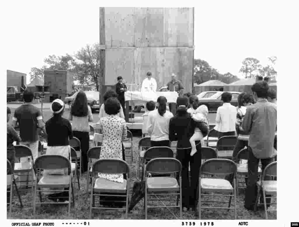 Photo of refugees at the Vietnamese Refugee Processing Center at Eglin Air Force Base in 1975.