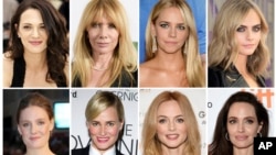 A combination photo shows some of the actresses who have made allegations against producer Harvey Weinstein. Listed in alphabetical order, top row from left, Asia Argento, Rosanna Arquette, Jessica Barth, Cara Delevingne, Romola Garai, Judith Godreche, Heather Graham, Angelina Jolie.