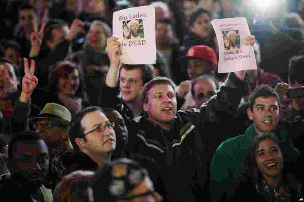 People celebrate after al-Qaida leader Osama bin Laden was killed in Pakistan, during a spontaneous celebration in New York's Times Square, May 2, 2011. Bin Laden was killed on Sunday in a firefight with U.S. forces in Pakistan and his body was recovered,