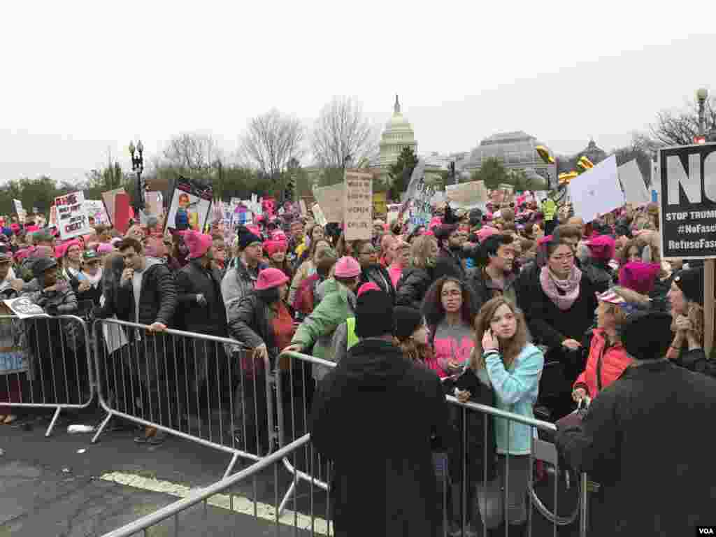 Para demonstran dalam protes massal Women&#39;s March di Washington, D.C. (21/1). (VOA/M. Habibzada)