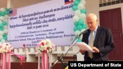 U. S. Ambassador to the Lao PDR Daniel Clune speaks at handover ceremony formally presenting a new school in Pakxan District, Bolikhamxay Province to the Lao government on February 19, 2016.