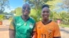 Barbra Banda, captain for the Zambia women's team, right, and footballer Kundananji Racheal pose for a photo outside the Taj Pamodzi hotel in Lusaka, Zambia, Dec. 20, 2024.