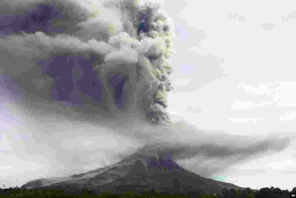 Gunung Sinabung di kabupaten Karo memuntahkan bahan vulkanik saat meletus, seperti terlihat di Tiga Pancur, Sumatera Utara (18/11). (AP/Mafa Yuli Ramadani) 