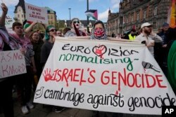 FILE—Pro-Palestinian demonstrators gather for a protest against the participation of Israeli contestant Eden Golan ahead of the final of the Eurovision Song Contest in Malmo, Sweden, May 11, 2024.