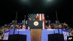 Democratic presidential nominee Vice President Kamala Harris speaks during a campaign rally at the Wings Event Center in Kalamazoo, Michigan, Oct. 26, 2024.