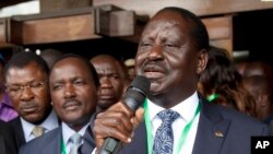 FILE - National Super Alliance Presidential candidate Raila Odinga, addresses supporters in Nairobi, Kenya, May 28, 2017.