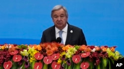 U.N. Secretary-General Antonio Guterres delivers a speech on stage during the Belt and Road Forum at the Great Hall of the People in Beijing, Oct. 18, 2023.