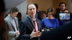 Rep. Adam Schiff, D-Calif., ranking member of the House Intelligence Committee, speaks to reporters on Capitol Hill in Washington, March 30, 2017, about the actions of Committee Chairman Rep. Devin Nunes, R-Calif., as the panel continues to investigate Russian interference in the 2016 U.S. presidential election.