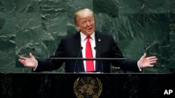 President Donald Trump addresses the 73rd session of the United Nations General Assembly, at U.N. headquarters, Sept. 25, 2018.