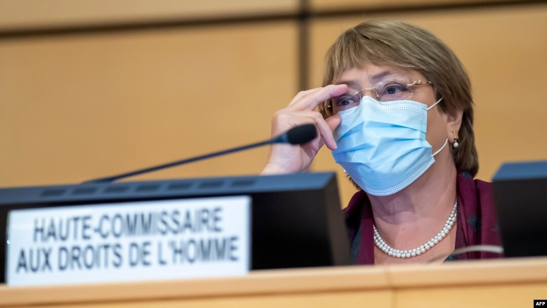 La Alta Comisionada de las Naciones Unidas para los DD.HH., Michelle Bachelet, se refirió entre otros países a la situación de Venezuela y Nicaragua, en una reunión del consejo en Ginebra, el lunes 14 de septiembre de 2020.