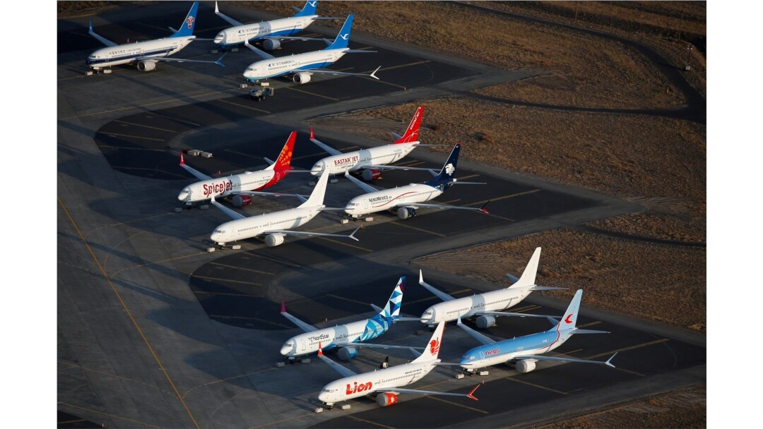 FILE - An aerial photo shows Boeing 737 MAX aircraft at Boeing facilities at the Grant County International Airport in Moses Lake, Wash., Sept. 16, 2019.