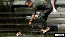 A man cools off his dogs on a fountain during a heat wave called 'Heat Dome' in the Manhattan borough of New York, July 23, 2016.