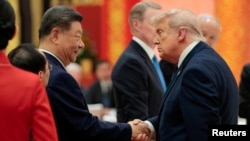 美国总统特朗普与中国国家主席习近平在北京人民大会堂举行的国宴上握手。(2026年5月14日)