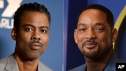 Dans ce photomontage, Chris Rock, à gauche, lors d'une conférence de presse FX à Pasadena, Californie, le 9 janvier 2020 ; et Will Smith au déjeuner des nominés aux Oscars à Los Angeles le 7 mars 2022.