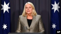 Australian Home Affairs Minister Karen Andrews address a press conference at Parliament House in Canberra, Australia, Nov. 24, 2021.