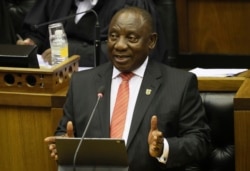 South African President Cyril Ramaphosa delivers his State of the Nation Address in Cape Town, Feb. 13, 2020.