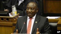 South African President Cyril Ramaphosa delivers his State of the Nation Address in Cape Town, Feb. 13, 2020. 
