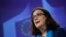 FILE: European Trade Commissioner Cecilia Malmstrom talks to journalists during a news conference at the European Commission headquarters in Brussels, Monday, April 15, 2019. (AP Photo/Francisco Seco)