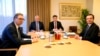 Serbian President Aleksandar Vucic, left, and Kosovo's Prime Minister Albin Kurti, right, meet with European Union foreign policy chief Josep Borrell, second left, in Brussels, Feb. 27, 2023. 