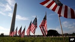 FILE - Small U.S. flags representing suicides of active and veteran members of the U.S. military line the National Mall, in Washington, Oct. 3, 2018.