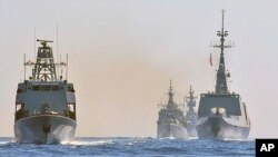 Kapal perang dari Yunani, Italia, dan Siprus, dalam latihan militer bersama yang digelar pada 26-28 Agustus di selatan Turki, bagian timur Laut Tengah, 31 Agustus 2020. 