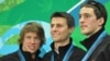 Mathieu Giroux, Lucas Makowsky, and Denny Morrison of Canada show off their gold medals in team pursuit speedskating in Vancouver, Canada, 27 Feb 2010