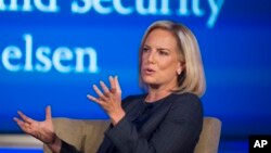 FILE - U.S. Secretary of Homeland Security Kirstjen Nielsen speaks to George Washington University's Center for Cyber and Homeland Security, in Washington, Sept. 5, 2018.