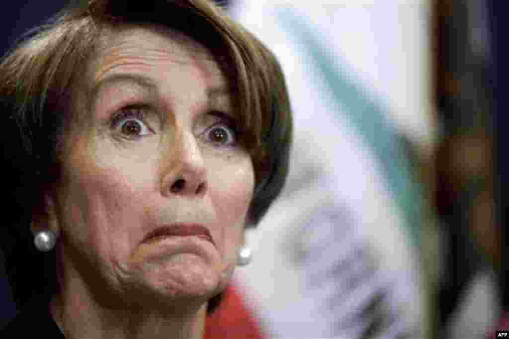 House Minority Leader Nancy Pelosi of Calif., reacts during a news conference on the first day of the California Democrats State Convention Friday, Feb. 10, 2012, in San Diego. The annual convention continues through Feb. 12. (AP Photo/Gregory Bull)