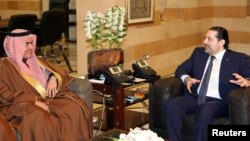 Lebanon's Prime Minister Saad al-Hariri, right, meets with Saudi Arabia's Arab Gulf Affairs Minister Thamer al-Sabhan in Beirut, Feb. 6, 2017. 