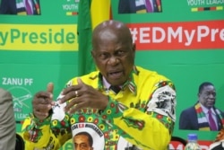 Zimbabwe’s ruling ZANU-PF party spokesman Patrick Chinamasa addressing reporters in Harare, July 27, 2020. (Photo: Columbus Mavhunga/VOA)