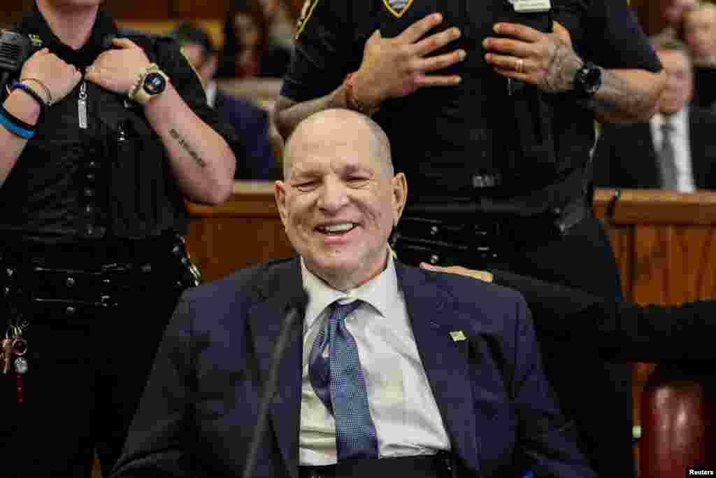 Harvey Weinstein appears in Manhattan Criminal Court during a hearing ahead of his April 2025 re-trial on sexual assault charges, in New York City, New York.