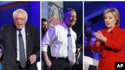 From left, Senator Bernie Sanders, former Maryland Governor Martin O'Malley and former Secretary of State Hillary Clinton speak during a CNN town hall at Drake University in Des Moines, Iowa, Jan. 25, 2016. 