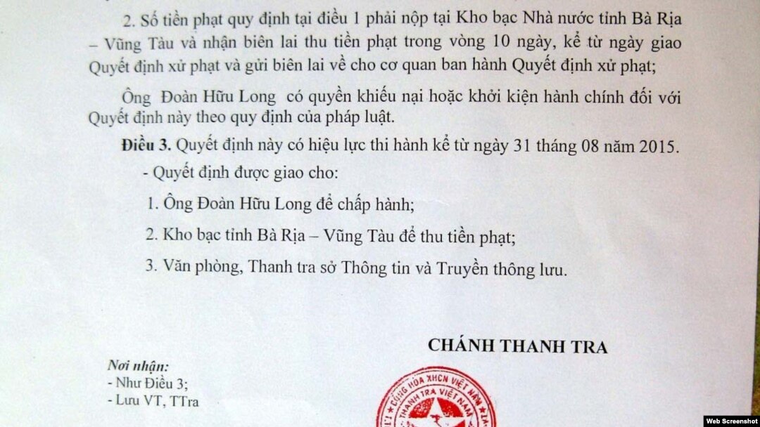 Blogger Đoàn Hữu Long bị xử phạt 5 triệu đồng, đồng thời buộc phải gỡ những thông tin không được phép đăng tải trên Trang Thông tin điện tử cá nhân theo quy định.