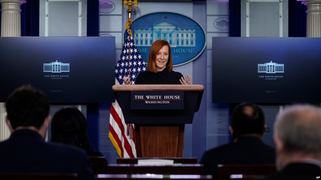 Juru bicara Gedung Putih Jen Psaki saat konferensi pers di Gedung Putih, Jumat, 22 Januari 2021, di Washington. (Foto: AP/Evan Vucci)
