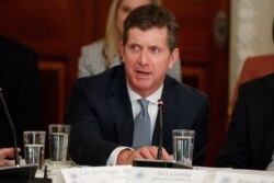 FILE- In this Feb. 23, 2017, file photo, Johnson &amp; Johnson CEO Alex Gorsky speaks during a meeting between President Donald Trump and manufacturing executives at the White House in Washington.