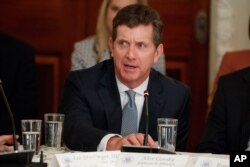 FILE- In this Feb. 23, 2017, file photo, Johnson &amp; Johnson CEO Alex Gorsky speaks during a meeting between President Donald Trump and manufacturing executives at the White House in Washington.