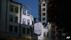 This shows a building damaged by a drone that was shot down during a Russian overnight strike, in Kyiv, Ukraine, June 1, 2023. 