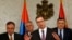 Serbia's Prime Minister Aleksandar Vucic, front, speaks during a press conference in Belgrade, Serbia, Feb. 22, 2017.