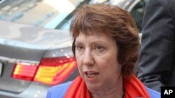 23일 시리아 제재 관련 기자회견을 가진 유럽연합 외교정책 수장 캐더린 아쉬톤.