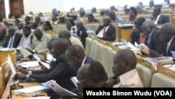 South Sudanese lawmakers listen as Finance Minister Aggrey Sabuni Tisa presents the 2014-15 budget.